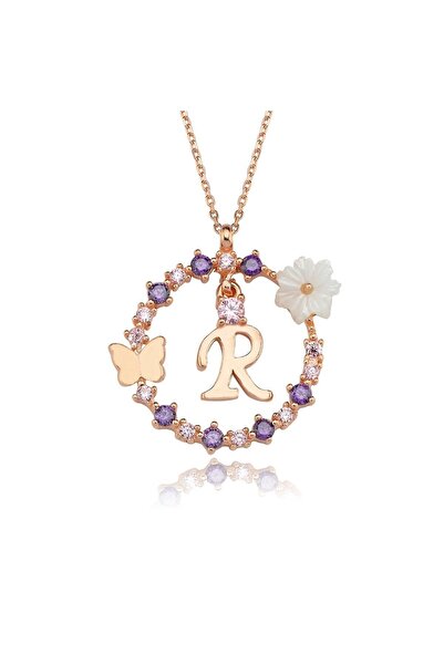 Sahira Jewelry Manolya Çiçeği Düşler Işıltısı 14K Rose Gold R Harfi Kadın Kolye