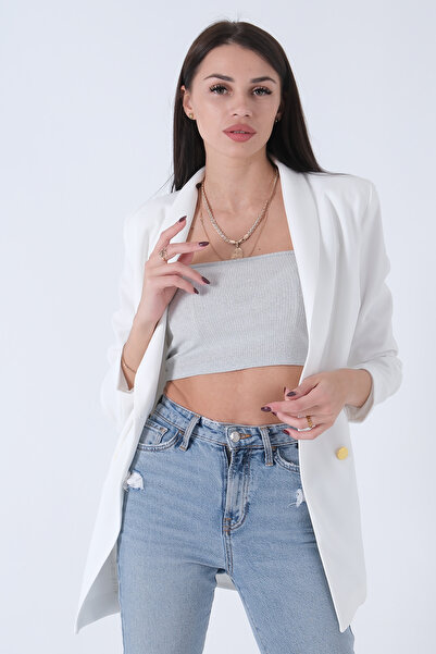 Feminist Şal Yaka Gold Metal Düğmeli Tek Ceket Ekru 0105137