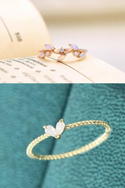 Sahira Jewelry Taşlı Sarmaşık Ve Minimal Damla 2li Set 14 K Rose Altın Kaplam...