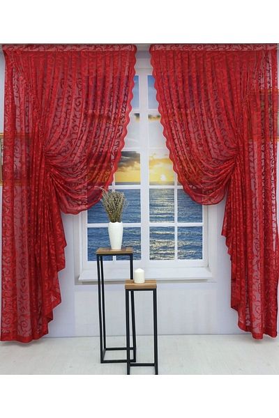 CEYLANLAR Red Ivy Tulle Background Curtain - 100X270, Two Wing Drawstring