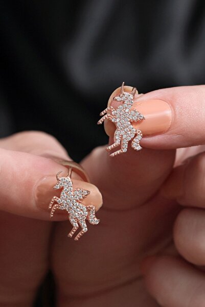 Sahira Jewelry Unicorn Beyaz Taşlı 14 K Rose Altın Kaplama Kadın Küpe