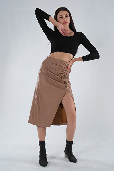 Feminist Büzgülü Deri Etek Sütlü Kahve 0101064
