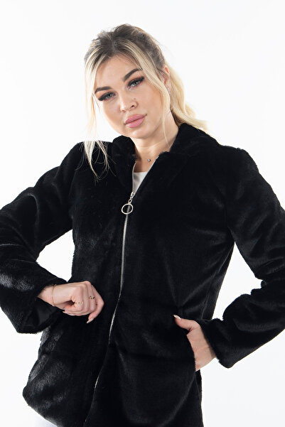 Feminist Fermuarlı Oversize Kapüşonlu Çift Cepli Peluş Mont Siyah 0108078