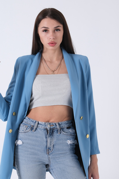 Feminist Shawl Collar Gold Metal Buttoned Single Jacket Baby Blue0105137