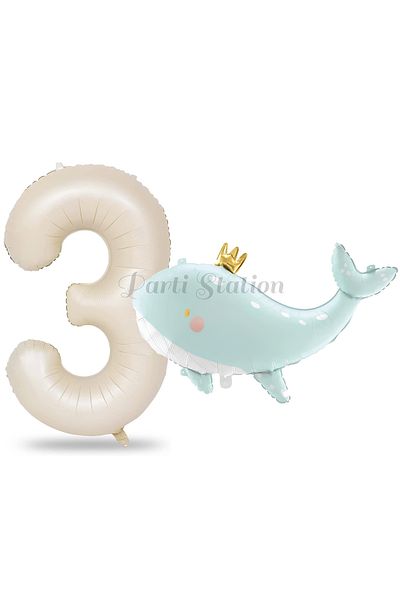 Parti Station Green Cute 3 Year Old Balloon Set - Sea and Ocean Creatures, Concept Balloon and Cream Figure