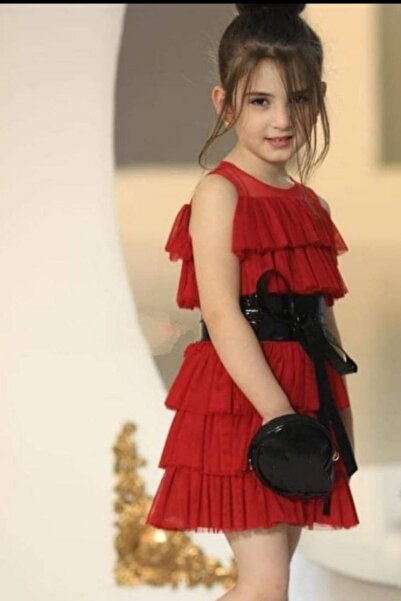 Riccotarz Red Girl's Dress - Transparent Collar, Layered Tulle and Jeans Jacket