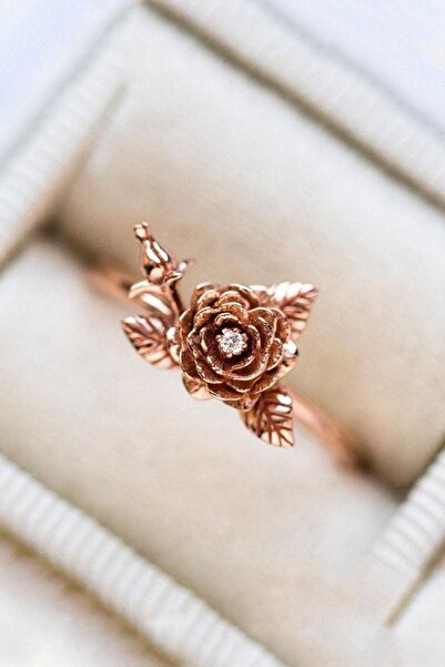 Sahira Jewelry Gül Motif Taşlı 14k Rose Gold Kaplama Kadın Yüzük