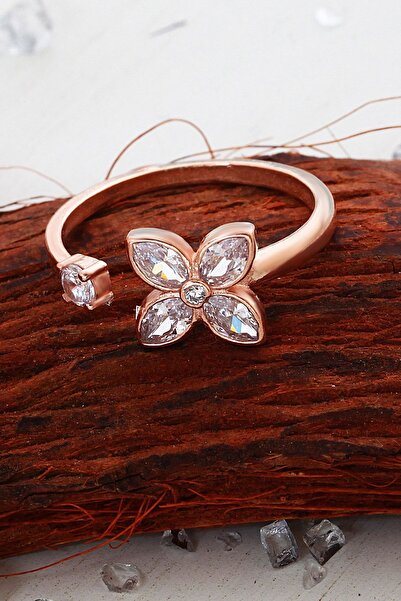 LOTUS GÜMÜŞ Yonca Ve Tektaş Ayarlanabilir Kadın 14 K Rose Altın Kaplama Yüzük