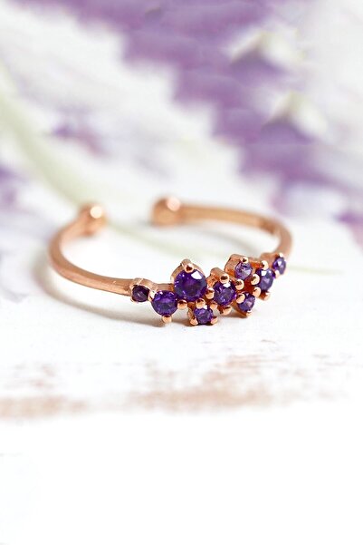 LOTUS GÜMÜŞ Kadın Pembe Mor Taşlı Minimal Ayarlanabilir Kadın 14 K Rose Altın Kaplama Yüzük