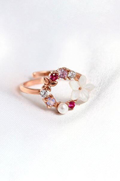 Sahira Jewelry Orkide Ve Renkli Taşlı 14k Rose Altın Kaplama Kadın Yüzük