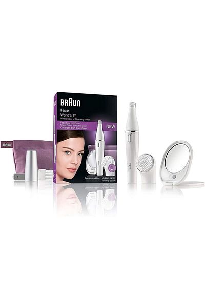 Braun Face SE 830 Facial Epilator and Cleanser + Lighted Mirror and Beauty Pouch, White
