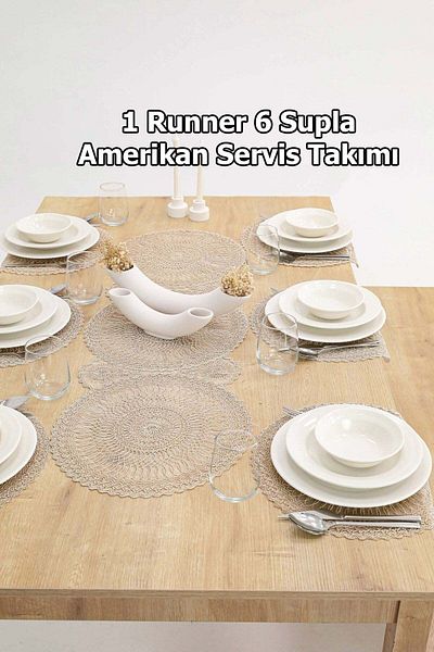 Çt Çeyizci Tekstil 1 комплект за сервиране на кафе и вечеря Runner 6 Supla American - покривка за маса и комплект за презентации