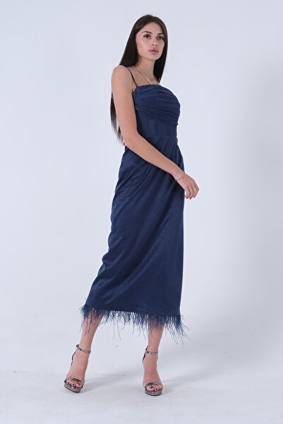 Feminist Etek Ucu Tüylü Simli Tül Şanel Abiye Elbise Lacivert 1302245