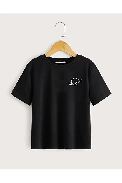 HIRSCH تي شيرت أسود مطبوع عليه كوكب زحل للأطفال