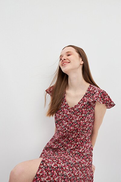 STELLA PULVIS Kırmızı Volanlı Kuplu V Yaka Midi Elbise