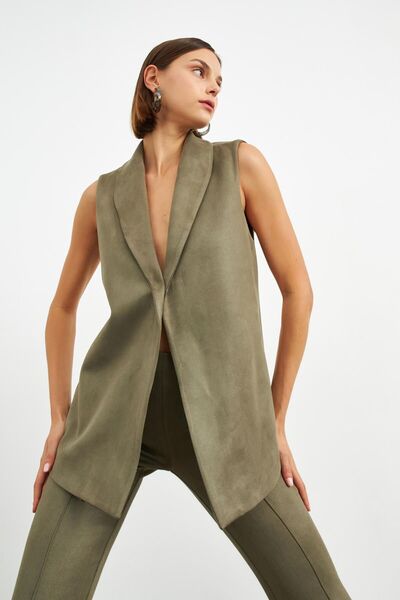 STELLA PULVIS Khaki Shawl Collar Lined Suede Vest