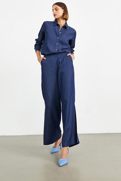 STELLA PULVIS Pantaloni bleumarin cu talie elastică, talie înaltă