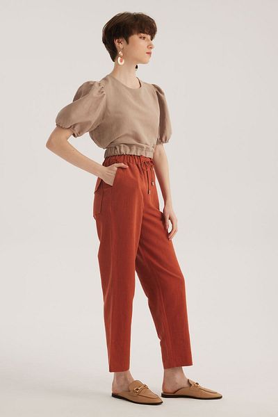 STELLA PULVIS Tile Linen Blended High Waist Paperbag Trousers