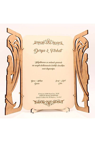 Mekece Ahşap Düğün Davetiyesi AHD-3014 | Gelin Damat Figürlü Davetiye - 10 Adet