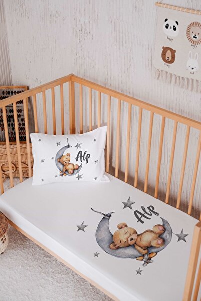 Lilabio İsme Özel %100 Pamuk Park Yatak Çarşaf Seti (120X180) Ayda Uyuyan Ayıcık