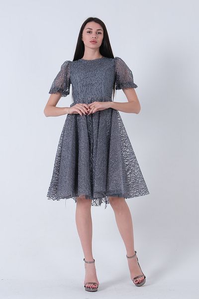 Feminist Midi Length Short Round Neck Glittery Tulle Evening Dress Gray6502459