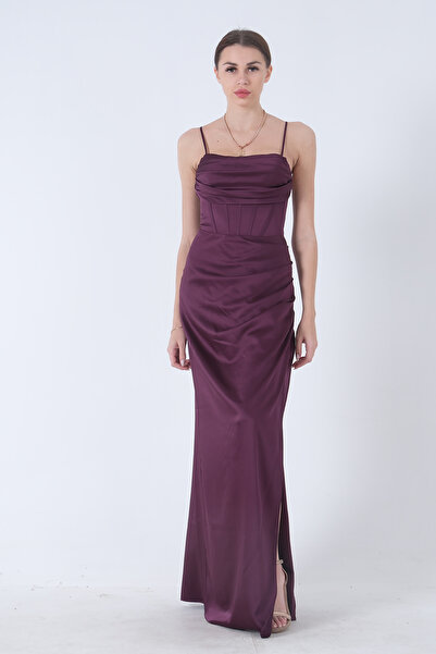 Feminist Sırtı Bağlamalı Yırtmaçlı Abiye Mürdüm 4522018