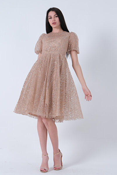 Feminist Midi Boy Kısa Yuvarlak Yaka Simli Tül Abiye Elbise Gold 6502459