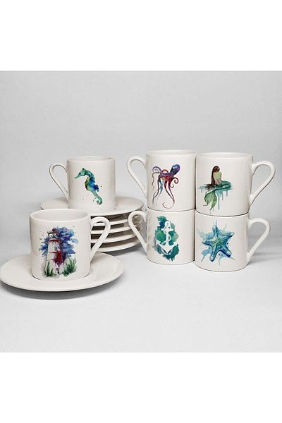 UADAC Sea Themed Printed Porcelain 6-Piece Turkish Coffee Cup Set