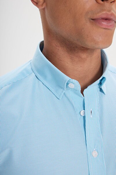 AC&Co / Altınyıldız Classics Cămașă cu dungi din bumbac, alb-turcoaz, slim fit, cu guler ascuns, cu nasturi