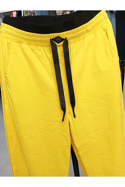 AKŞEN GİYİM Plus Size Lycra and Rubber Waisted Yellow Trousers - Wide Leg and Side Pocket