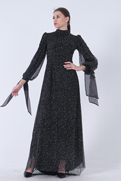Feminist Stone Embroidered Judge Collar Bow Hijab Evening Dress Black6502462