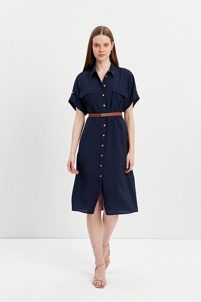 STELLA PULVIS Rochie midi bleumarin - Design cu centură și mâneci duble