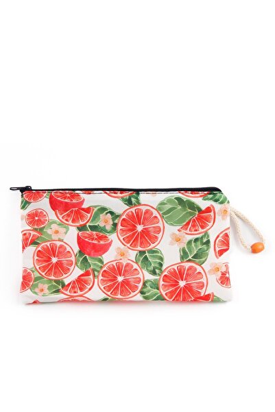 BYBAG Голяма чантичка за грим с цип, червена, бяла и оранжева, с плодови шарки