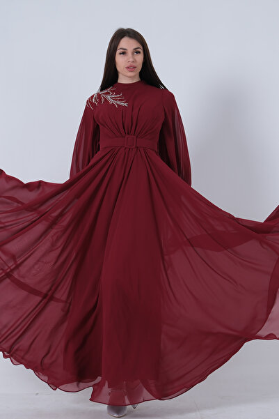 Feminist Şifon Vintage Tesettür Abiye Bordo 9705249