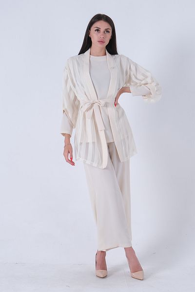 Feminist Line Patterned Brooch Suit Cream4577134