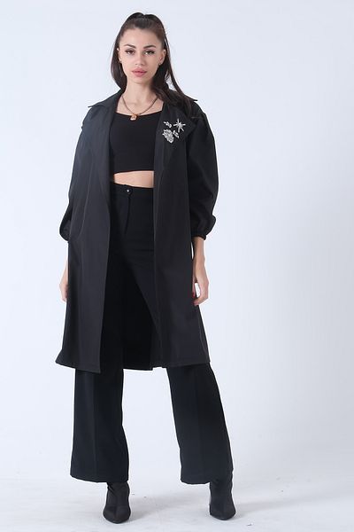 Feminist Stone Detailed Black Low Sleeve Trench Coat3971816