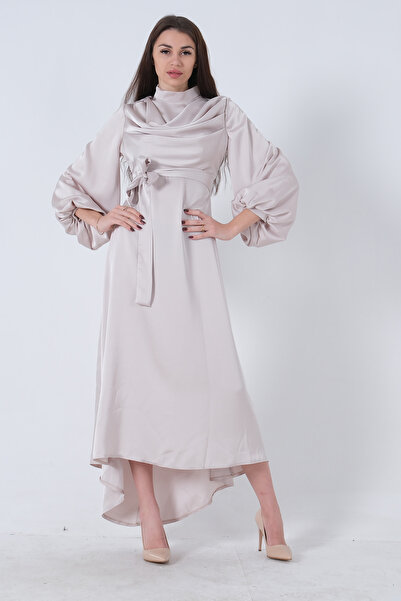 Feminist Degaje Saten Balon Kol Tesettür Elbise Bej 5305035