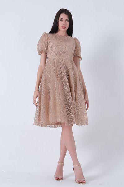 Feminist Midi Length Short Round Neck Glitter Tulle Evening Dress Gold6502459