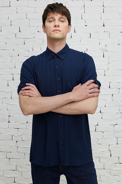 ALTINYILDIZ CLASSICS Men's Navy Blue Slim Fit Slim Fit Button Collar Pocket Short Sleeve Shirt