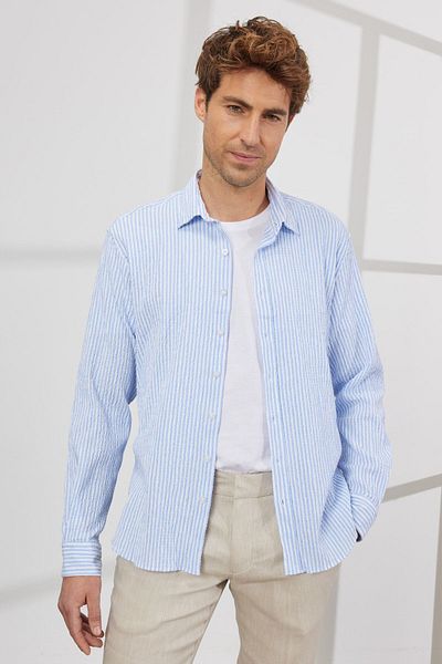 ALTINYILDIZ CLASSICS Ανδρικό λευκό-μπλε μπλουζάκι Slim Fit Slim Fit κρυφό γιακά βαμβακερό ριγέ πουκάμισο