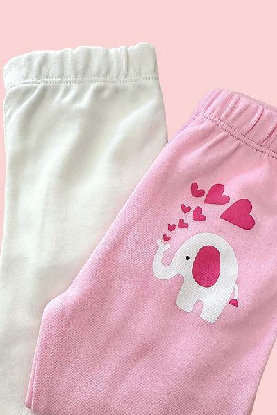 Lilabio 2-Piece Cotton Baby Bottom Pajamas with Socks Pink Ecru
