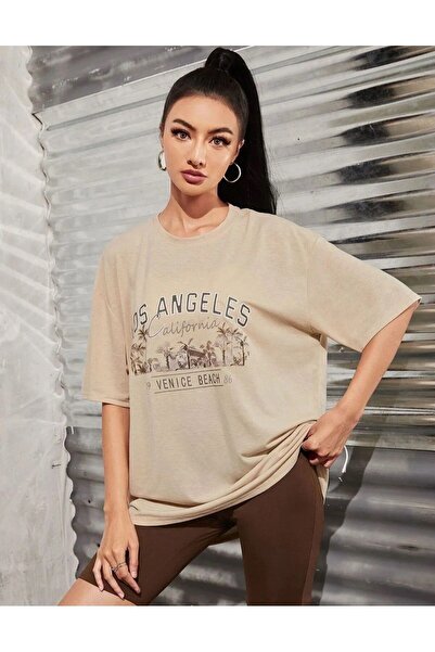 HIRSCH تي شيرت نسائي بيج كبير الحجم برقبة دائرية مطبوع عليه لوس أنجلوس فينيسي...