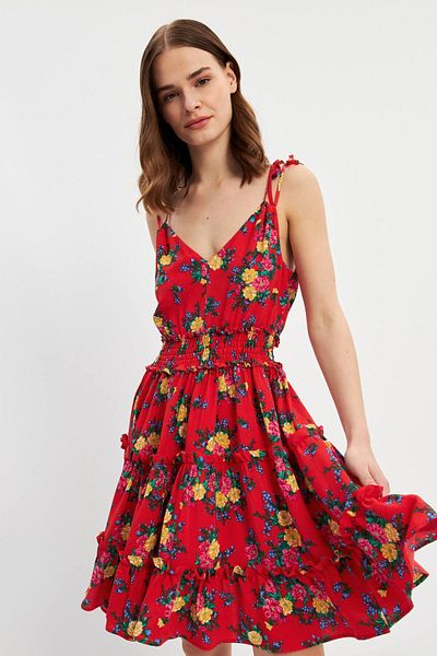STELLA PULVIS Rochie midi roșie - Bretele de frânghie, Volane și Snur