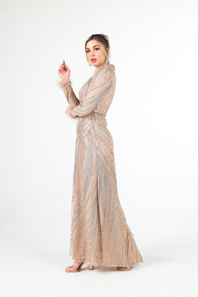 Feminist Kol Uçları Tüylü Abiye Elbise Gold 6502437