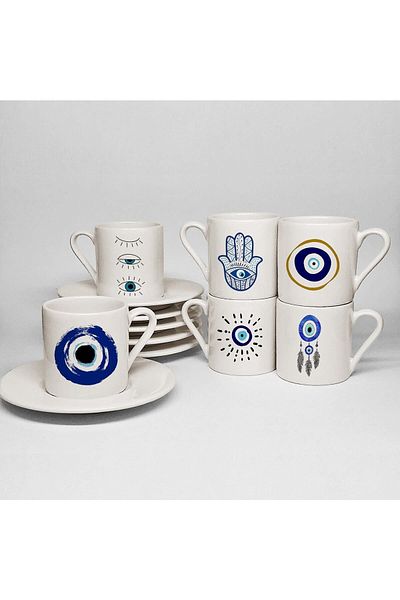 UADAC Evil Eye Themed Printed Porcelain 6-Piece Turkish Coffee Cup Set