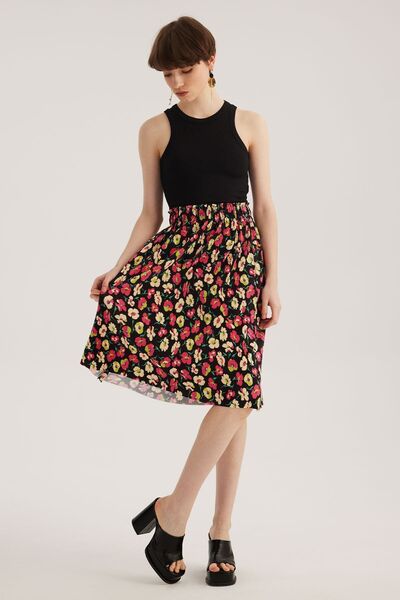 STELLA PULVIS Fustă midi plisată neagră cu modele florale