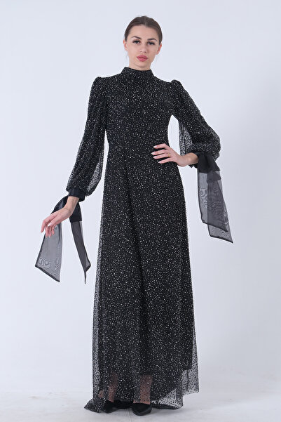 Feminist Stone Embroidered Judge Collar Bow Hijab Evening Dress Black6502462