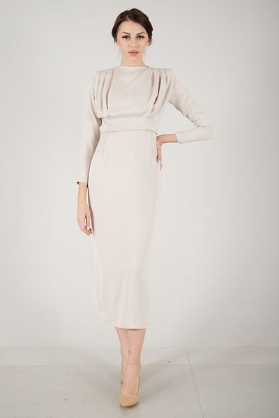 Feminist Beige Satin Hijab Evening Dress - Pleated Detail6502300