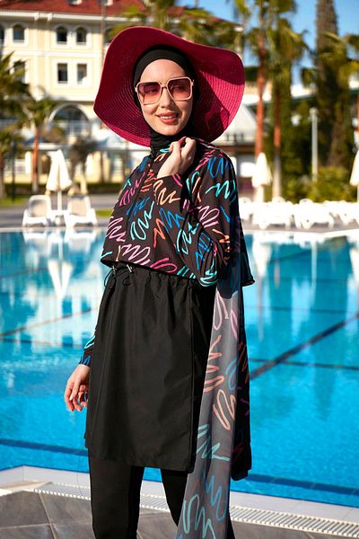 Remsa Mayo Costum de baie Remsa acoperit cu parașuta complet acoperit cu hijab R046 Culoare neagră Neon