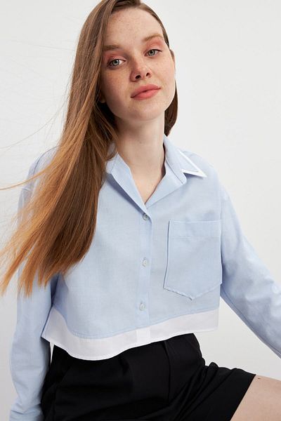 STELLA PULVIS Cămașă Oxford Crop albastră cu un singur buzunar